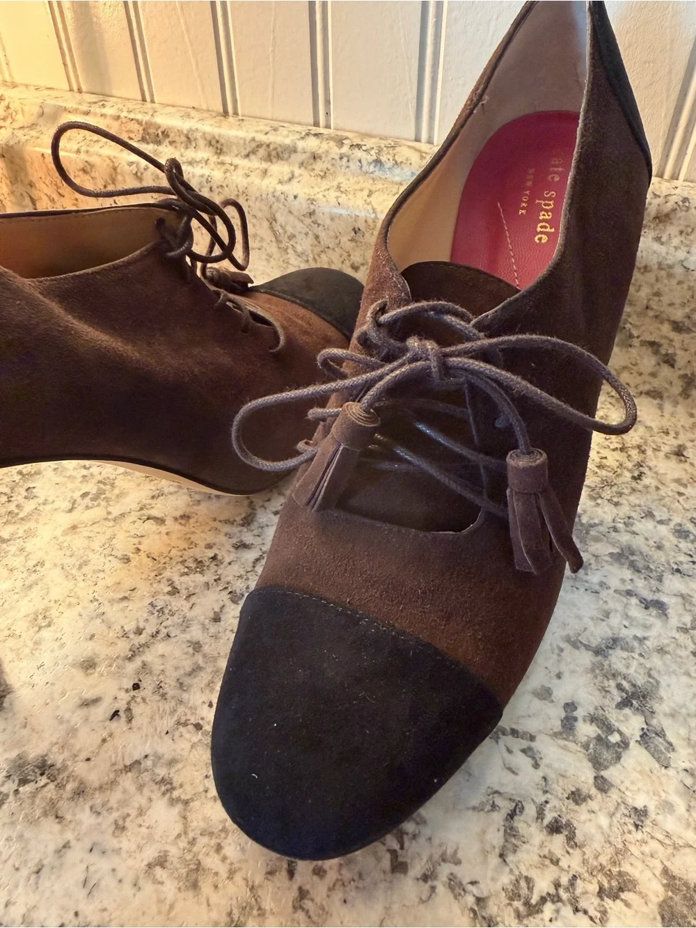 kate spade Brown and Black Suede Lace-Up Heels Tassel Laces Fall Cozy Witch